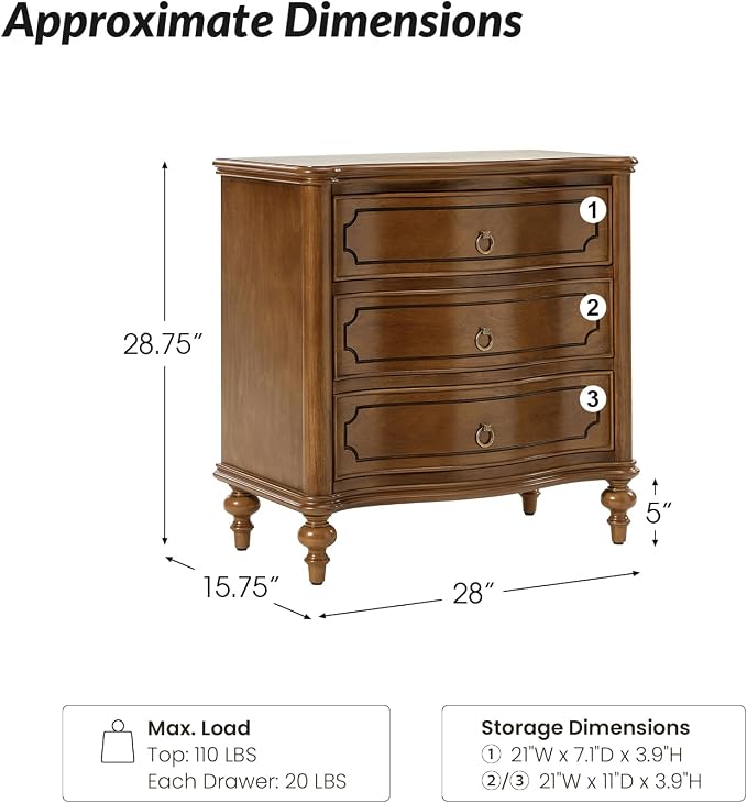 HULALA HOME Traditional Side Table with 3 Drawers, Tall Side Table with Curved Front Profle Desgin, Charging Station, Solid Wood Legs, SEADRIFT - Image 2