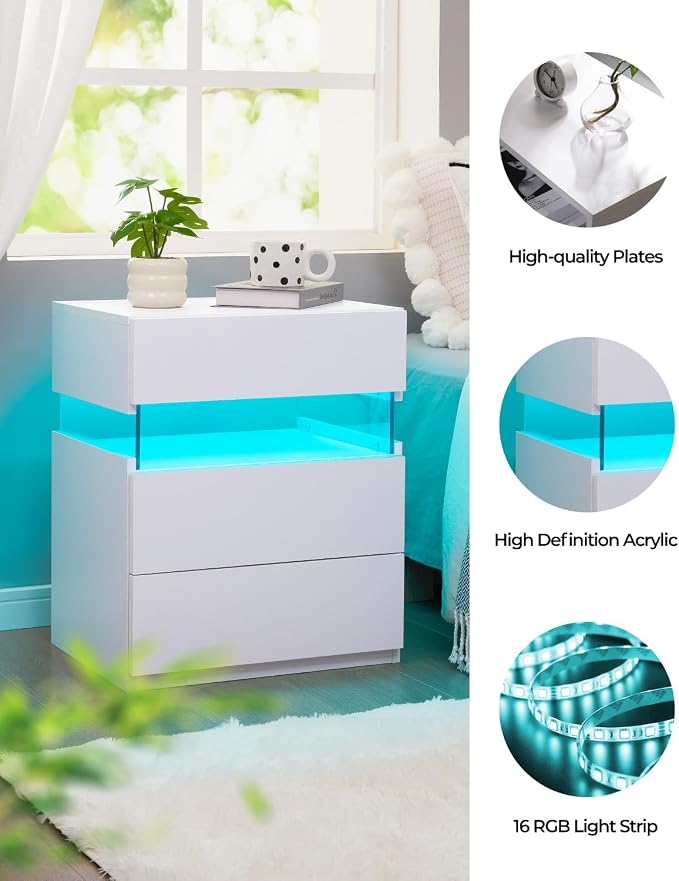 Bingoday LED Nightstands 3 Drawer Nightstand for Bedroom Bedside Tables with Acrylic Board LED End Table for Bedroom Living Room Bedside Furniture (White) - Image 3