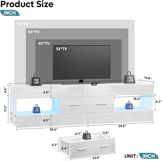Bestier TV Stand for 55/60/65 Inch TV, High Gloss Modern TV Stand with Stone-Patterned Side Panels, LED Entertainment Center with Large Drawer, TV Consoles for Living Room, Bedroom (Glossy White) - Image 3