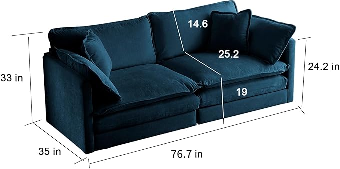 KEIKI Loveseat Sofa, Upholstered 2 Seater Couch, Oversized Sectional Sofa with 4 Pillows for Living Room Bedroom Office, Blue