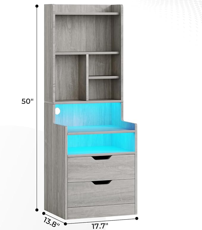 ADORNEVE Tall Night Stand with Charging Station and LED Lights,Nightstand with Bookshelf,Bedside Table with Drawers & Power Outlets,End Side Table for Bedrooms (Grey) - Image 3