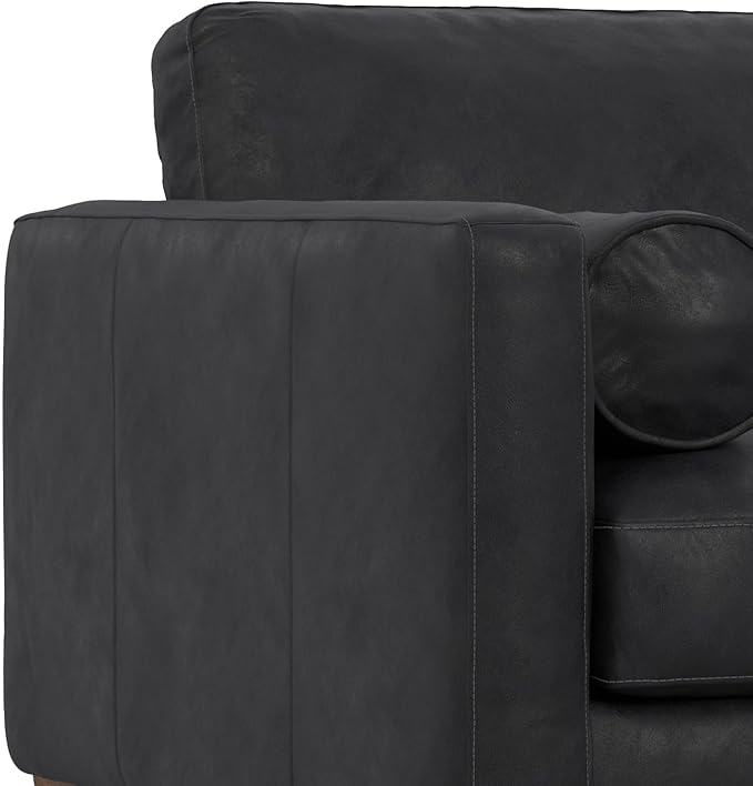 SIMPLIHOME Morrison Arm Chair - 42 inch Wide Upholstered Genuine Leather Mid-Century Modern Accent Chair in Lead Black with Solid Wood Legs, Reversible Bolster Pillows and Reclined Back