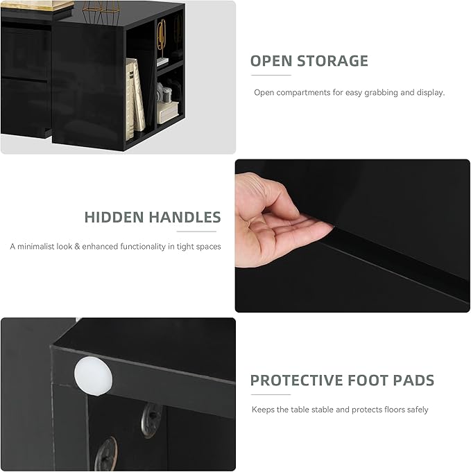 YITAHOME LED Coffee Table with Storage 4 Drawers, Modern Coffee Tables for Living Room, Wooden Rectangle Extendable Center Table with Open Shelves & Sliding Tabletop 35"- 61" for Home Office, Black