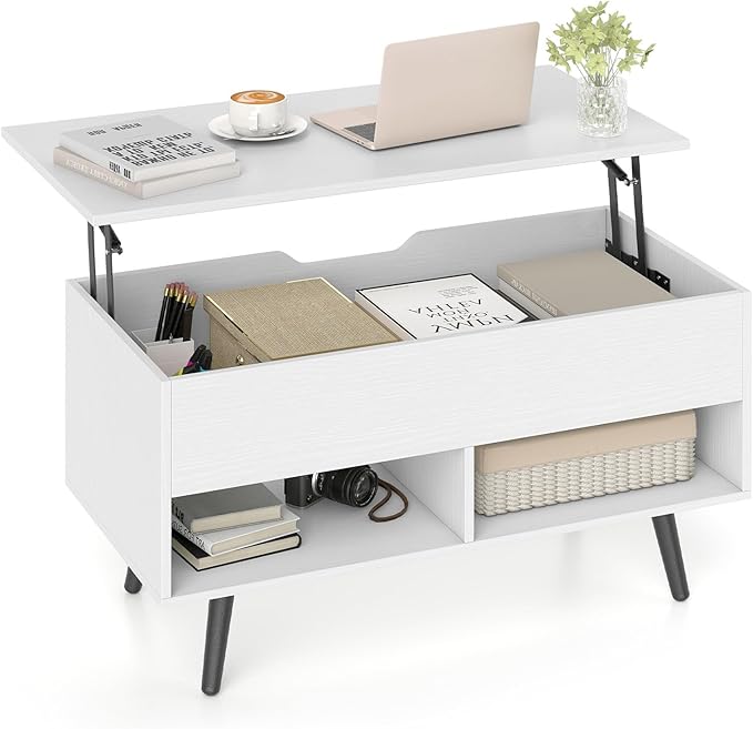 Giantex Lift Top Coffee Table, Modern Cocktail Table w/Hidden Compartment & 2 Open Shelves, Flip Top Center Table, Wooden Pull up Coffee Table for Living Room, Reception Room, Office (White)