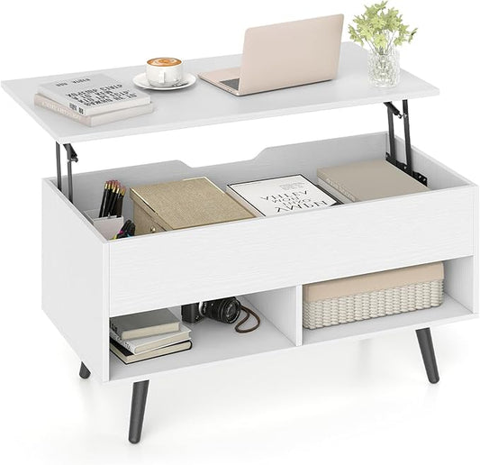 Giantex Lift Top Coffee Table, Modern Cocktail Table w/Hidden Compartment & 2 Open Shelves, Flip Top Center Table, Wooden Pull up Coffee Table for Living Room, Reception Room, Office (White)