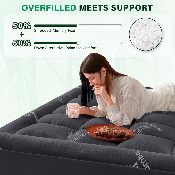 Anluoer Memory Foam Mattress Topper King for Back Pain, Rayon Derived from Bamboo Pillow Top Mattress Topper for Hot Sleepers,Cooling Mattress Pad with 8-21" Deep Pocket, 78x80 Inches, Dark Grey