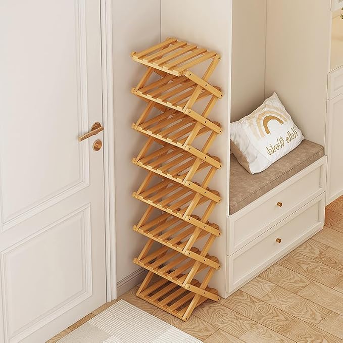 YYW Shoe Rack, Foldable Bamboo Shoes Shelf, Freestanding Shoe Storage Organiser for Entryway, Hallway, Bedroom, Closet (Wood Color, 3 Layers) - Image 8