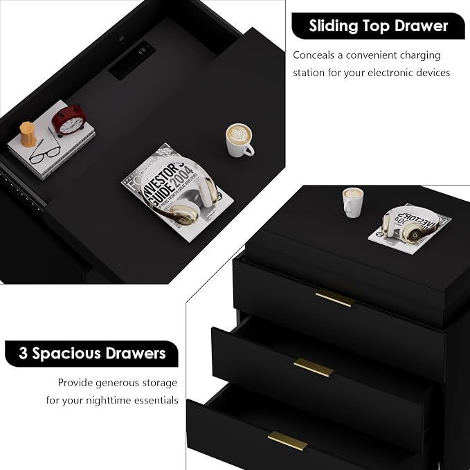 LED Nightstand with Charging Station & USB Ports,Bedside Table Night Stand with 3 Drawers and Sliding Top,Modern End Table Side Table with 4 Adjustable LED Modes for Bedroom (1 Black) - Image 4