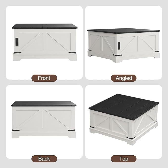 Coffee Table with Storage, Farmhouse Lift Top Wood Square Center Table with Charging Station, Rustic Cocktail Tables with Flip Top Lids for Living Room, Home Office, 35.4" W, White