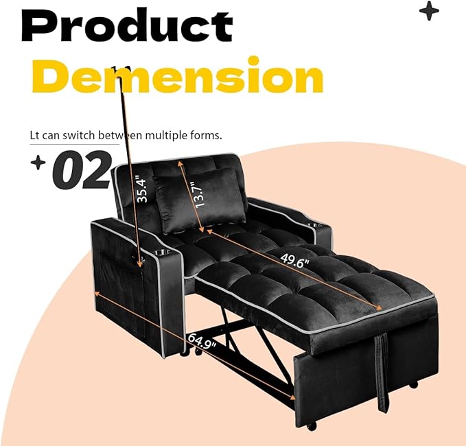Convertible Sleeper Chair, Pull Out Chair Sleeper with Bracket and Cup Holder, 3 in 1 Sofa Bed Chairs for Adults, Chairs Bed Sleepers for Small Spaces, Living Room, Black