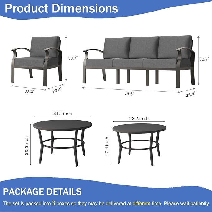 Aluminum Outdoor Patio Furniture Set,5 Seats Patio Conversation Sets with 2 Round Coffee Tables,Metal Patio Sectional Furniture Set with 5.1" Thickened Cushions,Grey