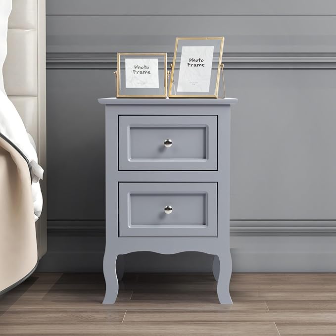 Karl home Grey Nightstand Set of 2 for Bedroom, Vintage Small Night Stand with Drawers, Farmhouse Side Table, Wooden End Tables with Curved Legs for Office, Mid-Century - Image 2