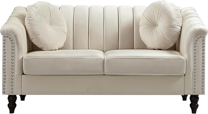 60" Loveseat Sofa, Microfiber Chesterfield Upholstered Sofas Love Seat, Couch Chair Sets with Style Button Tufted, Scroll Arms and Nailhead for Living Room, Office, White