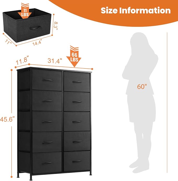 Sweetcrispy Tall Dresser for Bedroom, Drawer Dresser Organizer Storage Drawers with 10 Drawers, Chest of Drawers with Fabric Bin, Steel Frame, Wood Top for Bedroom, Closet, Entryway - Image 3