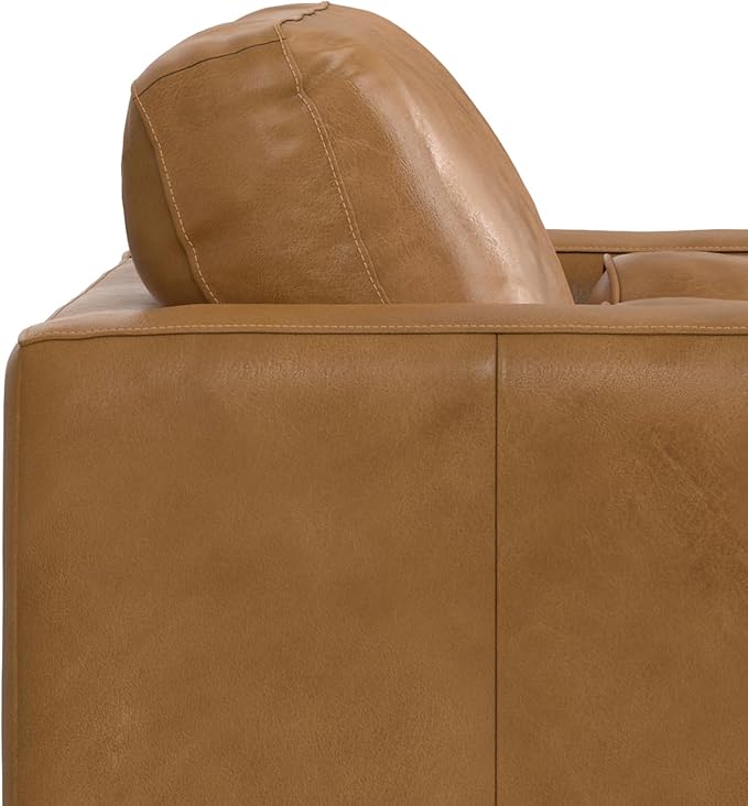 SIMPLIHOME Morrison Arm Chair - 42 inch Wide Upholstered Genuine Leather Mid-Century Modern Accent Chair in Sienna with Solid Wood Legs, Reversible Bolster Pillows and Reclined Back