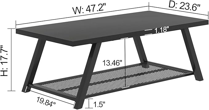 FOLUBAN Black Coffee Table with Storage, Modern Rustic Wood and Metal Coffee Tables for Living Room, 2-Tier Industrial Rectangle Cocktail Tea Table, 47 Inch