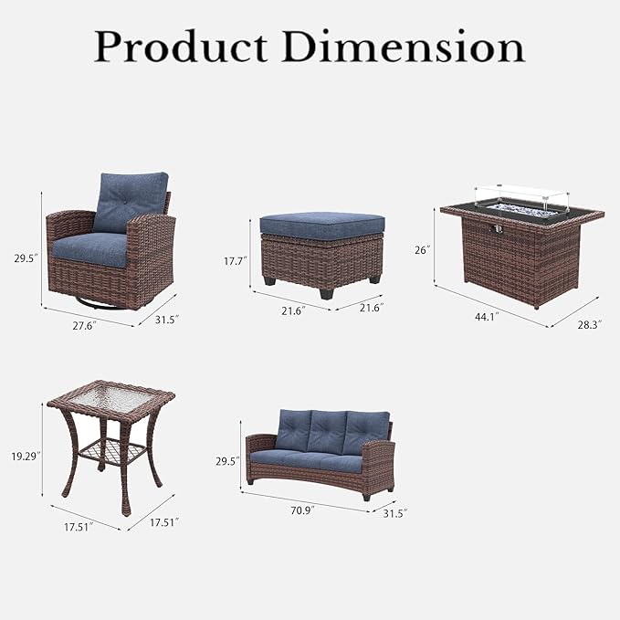 LayinSun 10 Pieces Patio Furniture Set with Swivel Chairs, Rattan Wicker Rocking Glide Chairs with 44" Propane Gas Fire Pit Table Conversation Set