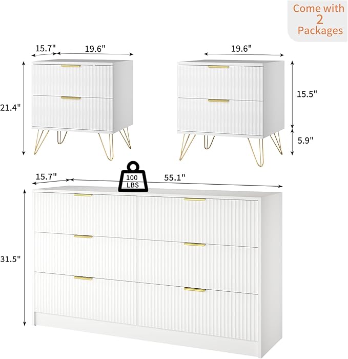 Dresser and Nightstand Sets, 6 Drawer Dresser Set for Bedroom 3 Piece, 55” Wide Wooden Fluted White Dressers W/Metal Handle & Night Stand Set of 2, Modern Bedroom Furniture Sets, White