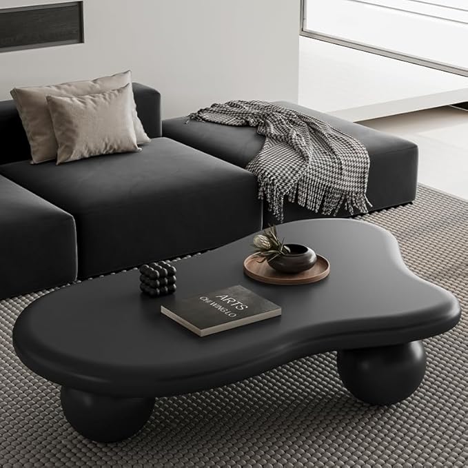 47.2” Cloud Coffee Table with 3 Ball Legs, Modern Irregular Center Table for Living Room, Low Cute Small MDF Tea Table for Bedroom, Space Apartment-Black