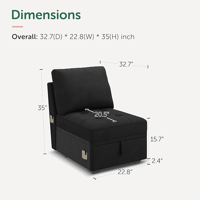 HONBAY Modular Sectional Sleeper Sofa with Pull Out Bed, Armless Chair for Sectional Couch, Black