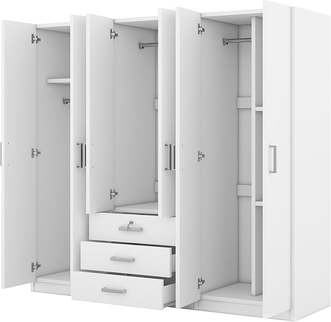 68" H Large 6 Doors Wooden Wardrobe Closet, Freestanding Armoire Wardrobe Closet Cabinet with 3 Drawers, Shelves and Hanging Rod for Hanging Clothes, Coat Closets for Bedroom, White