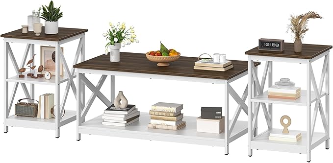 Bigbiglife Living Room Coffee Table Set of 3, Industrial X-Design Coffee Table and 2 End Side Tables, 3 Piece Living Room Table Set with Large Storage for Apartment Home (White+Walnut Brown)