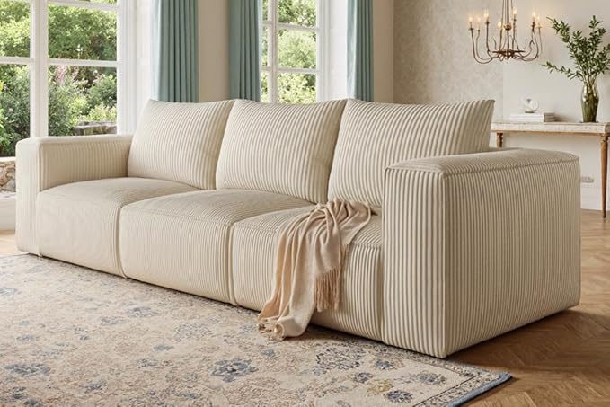 DWVO Oversized Deep Modular Sectional Sofa, 3-Seat Cloud Couch with 3 Pillows, Corduroy Sectional Couches for Living Room, Apartment, Office, Hotel, Bedroom, No Assembly Needed, Milky White