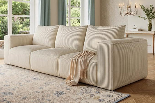 DWVO Oversized Deep Modular Sectional Sofa, 3-Seat Cloud Couch with 3 Pillows, Corduroy Sectional Couches for Living Room, Apartment, Office, Hotel, Bedroom, No Assembly Needed, Milky White