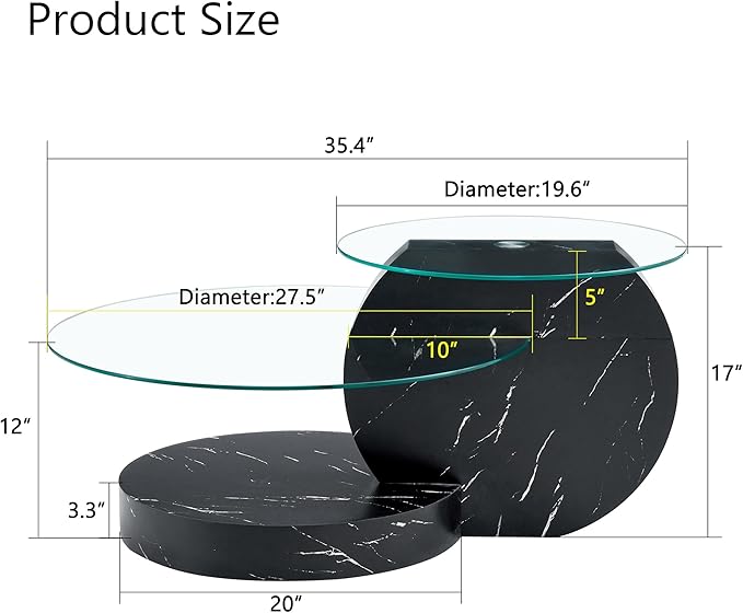 35.4" Glass Coffee Table, Round Coffee Table, 2-Tier Tempered Glass Tabletop with Black Faux Marble Base, Modern Center Table for Living Room, Home, Apartment, Ideal for Small Space