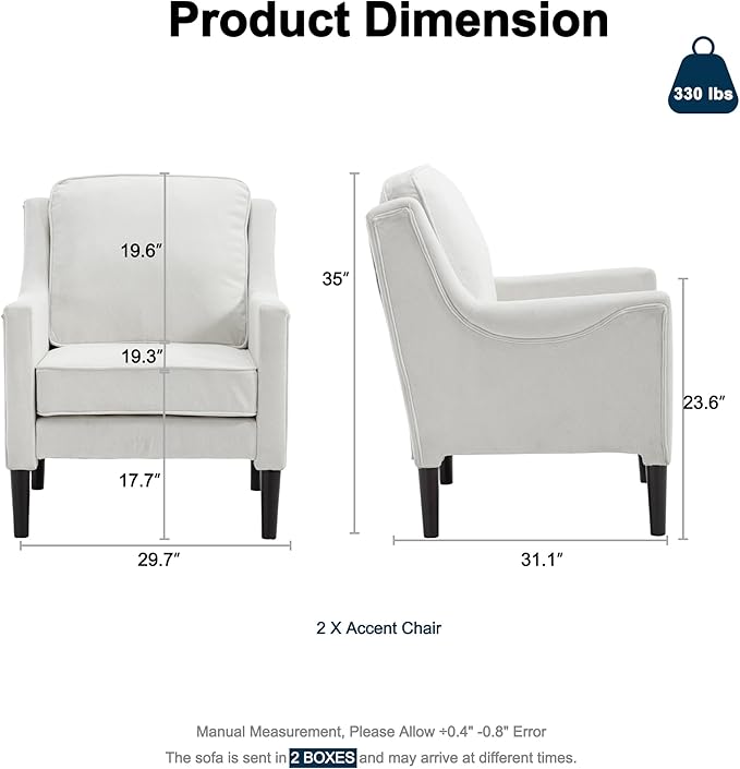 Ribilake Cream Accent Chair Set of 2 - High Back Upholstered Armchair, Comfy Living Room Arm Chair, Reading Accent Chairs for Bedroom, Apartment, Office, Single Sofa with Wood Legs