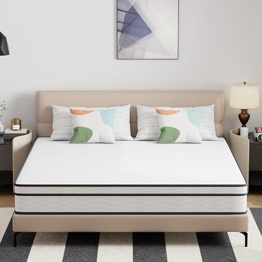 PayLessHere | 10 Inch King Mattress | Medium Firm Hybrid Mattress | White | with High-Density Foam and Breathable Cover | Pocket Spring Design, Pressure Relief | Bed in a Box, CertiPUR-US Certified