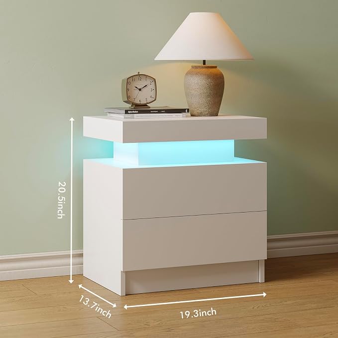 White LED Nightstand Modern Night Stand for Bedroom Bedside Table with 2 Wood Drawers End Side Table - Image 2