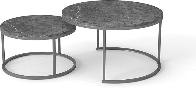 Nesting Coffee Table Set of 2, 31.5" Round Coffee Table Wooden Marble Pattern Accent Furniture, Industrial End Table for Living Room Bedroom Balcony (Gray/Gray)