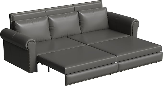 Eafurn 93.7" King Size Pull Out Sofa Bed, 3-in-1 Convertible Sleeper Sofa Couch Bed with Nailhead Decor and Rolled Arms, Faux Leather Oversized Chesterfield Loveseat Chaise Lounge