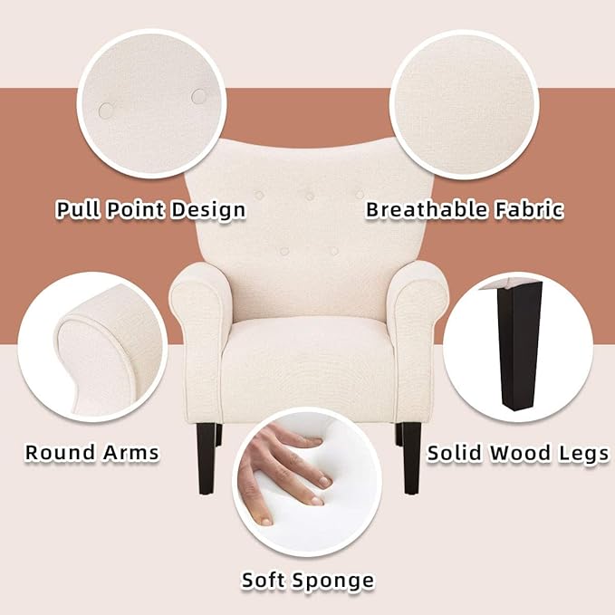 YOLENY Modern Accent Chair,High Back Armchair,Upholstered Fabric Button Single Sofa with Wooden Legs for Living Room,Bedroom,Club,Beige
