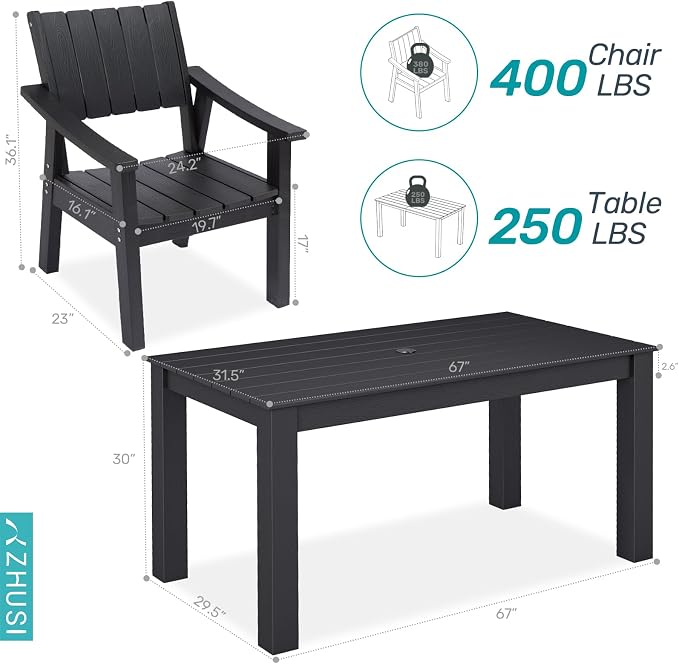 ZHUSI Patio Table and Chairs Set, Outdoor Table and Chairs,HDPE Outdoor Dining Set with Umbrella Hole for Backyard, Poolside, Porch (Black, 7 PC) - Image 2