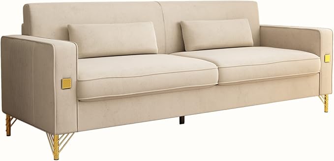 KEIKI 86" Oversized Luxury Velvet Sofa with Armrest and Removable Plush Cushions, Modern Gold Accents 3-Seater Couch with Solid Legs, Easy Assembly, for Living Room, Bedroom, Apartment, Beige
