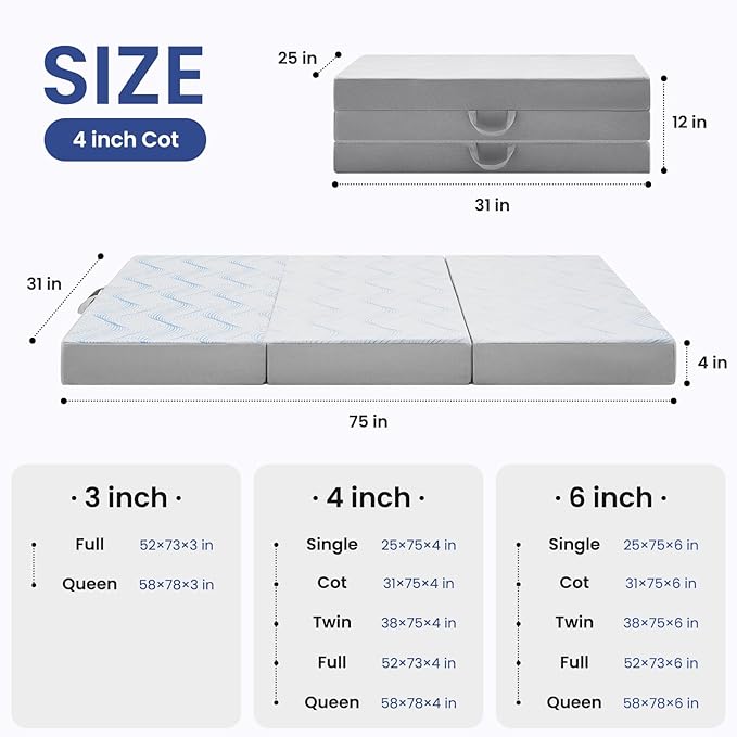 Foldable Mattress Cot, 4 Inch Memory Foam Folding Mattress Cot, Trifold Mattress with Breathable & Washable Cover, Portable Mattress for Guest Bed, 75"x31"x4"