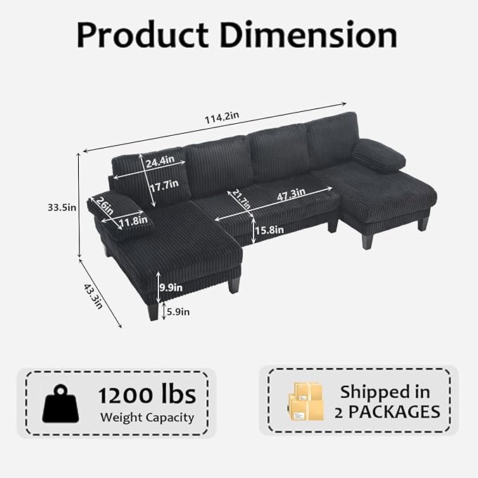 U Shaped Couch, 4-Seat Sectional Sofa with Double Chaise, Oversized Corduroy Cloud Couch for Living Room, Apartment, Black