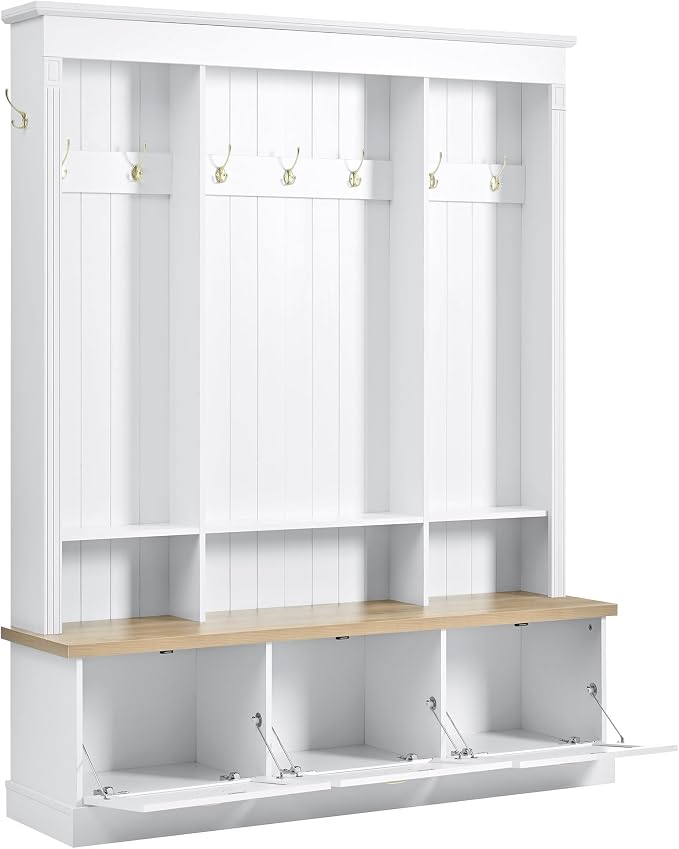LUMISOL Hall Tree with Storage Bench and Shoe Storage, Coat Rack with Shelves and 9 Hooks, LED Light Entryway Bench with 3 Large Cabinets, for Entrance Mudroom Living Room, White - Image 8