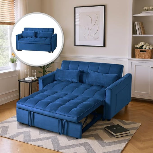 3 in 1 Convertible Sleeper Sofa Bed, Pull Out Couch Loveseat Futon, Adjustable Backrest Velvet Sofa with Pillows and Side Pockets for Living Room Apartment, Blue