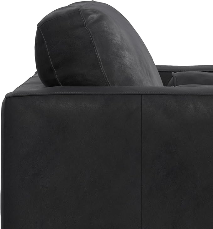 SIMPLIHOME Morrison Arm Chair - 42 inch Wide Upholstered Genuine Leather Mid-Century Modern Accent Chair in Lead Black with Solid Wood Legs, Reversible Bolster Pillows and Reclined Back