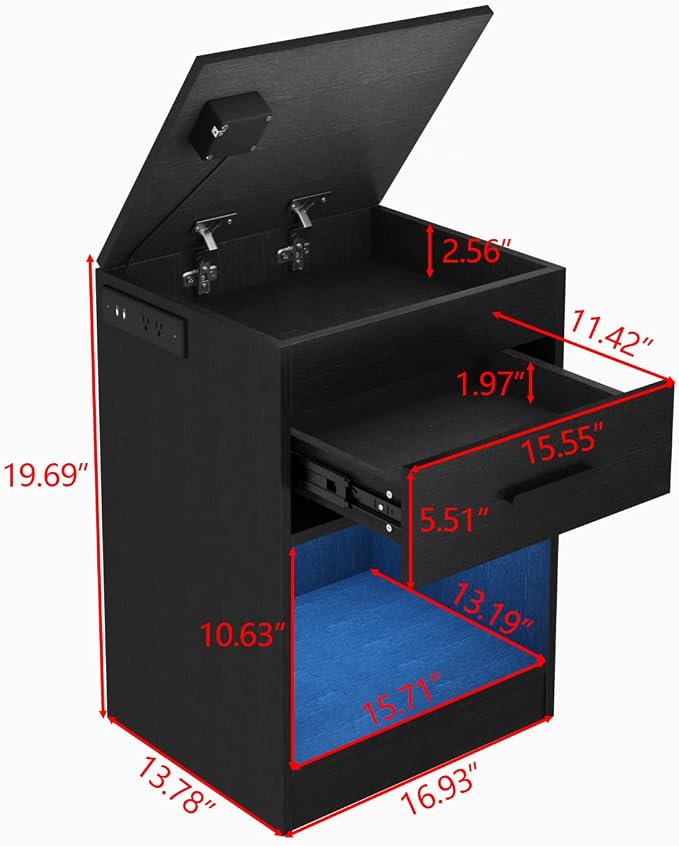 Auromie Nightstand with Charging Station and LED Lights, Concealment Furniture with RFID Lock Cabinet and Power Outlets, Bedside Table with Hidden Compartment for Valuables Storage, Black - Image 3
