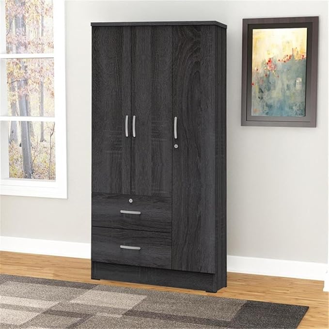 Pemberly Row Modern 2 Drawer Wooden Wardrobe Armoire Closet, Gray Finish, Engineered Wood, 72” H x 36” W x 20” D, Hanging Rod, Shelves, Lockable Drawer, Sleek Bedroom Storage Unit