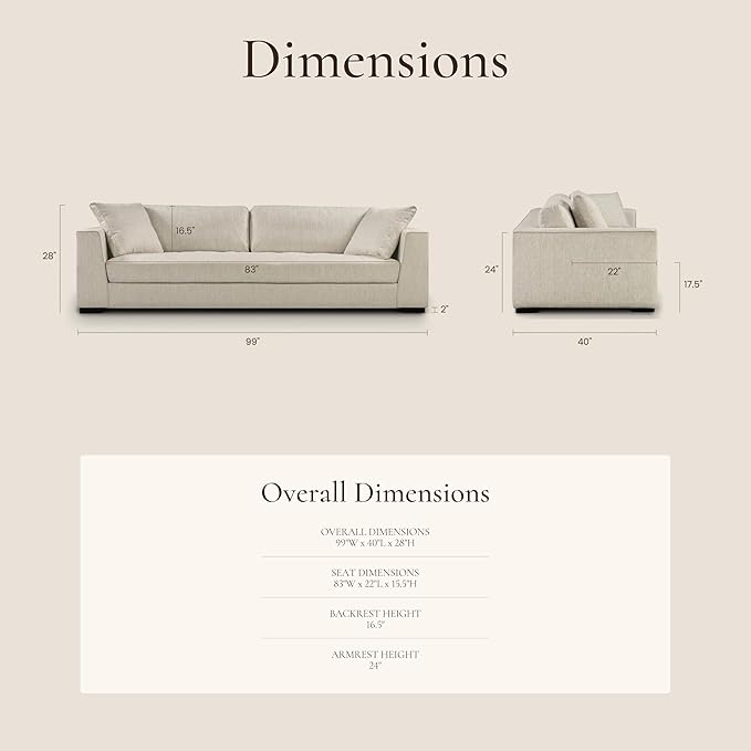 Poly & BARK Capri 99" Sofa – Upholstered in Performance Fabric, Square‑Arm Design with Loose Cushions and Solid Frame – Fully Assembled, Stylish Comfort for Living Spaces