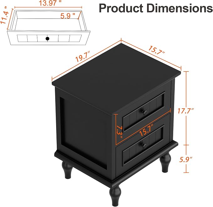 Scurrty Nightstand Set of 2, Antique Style End Table with 2 Drawers, Taller Nightstand for Bedroom, Side Table for Bedroom (Black) - Image 3
