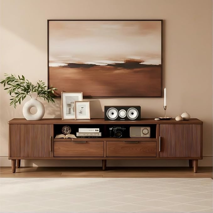 CycleCrew Mid Century Modern TV Stand for TVs Up to 70 in- Wooden Fluted Entertainment Center Low Profile TV Console with 2 Cabinet, Drawers and Shelf, Media Console for Living Room - Image 7
