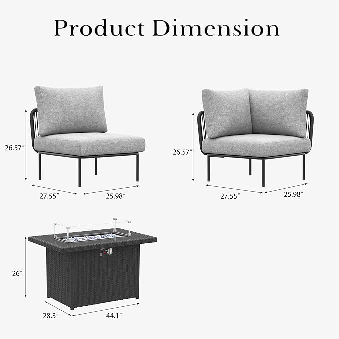LayinSun 9 Pieces Aluminum Patio Furniture Set, Modern Modular Sectional Sofa with Fire Pit Table and Upgrade Thickness Cushion