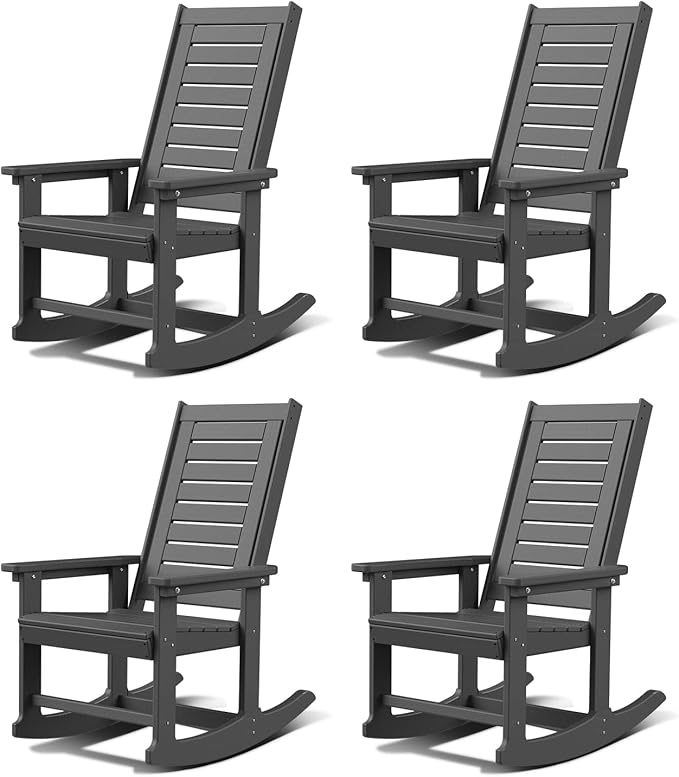 GREENVINES Outdoor Rocking Chairs | Set of 4 | Porch Rocker | HDPE Plastic | Grey | Oversized Rockers | High Back | Big & Tall | Ladder Back | for Patio Outside Backyard Balcony Garden by GreenVines