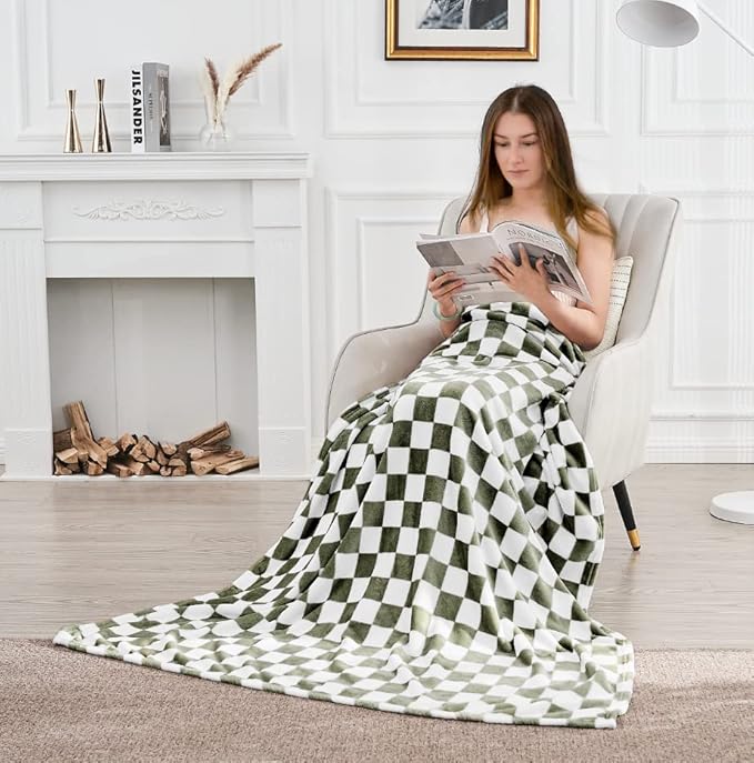 Edenleaf Checkered Blanket Flannel Throw Blankets Soft Cozy Checkered Grid Print Chessboard Gingham Pattern Throws for Bed Sofa Couch for All Seasons, 50x60 Inch, Dark Olive